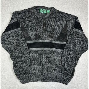 Vintage Trutus Sweater Mens XL Gray Black‎ Henley Chunky Knit Leather Trim 90s